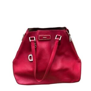 DKNY Large Saffiano Rich Red Leather Tote Gold Accents Expandable Zip Top